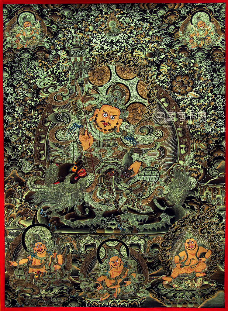 财宝天王与五姓财神黑唐卡