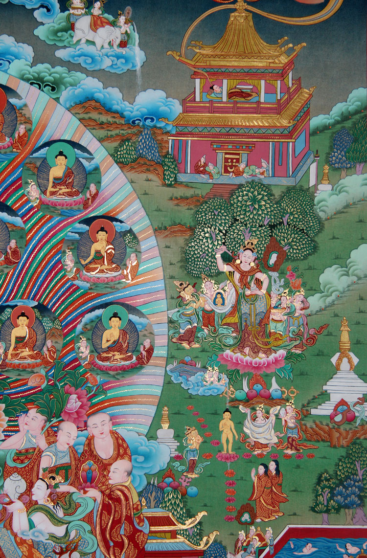 唐卡绘制描述释迦牟尼佛从降生,出家,降魔,成道,兜率降,转法论,涅槃等